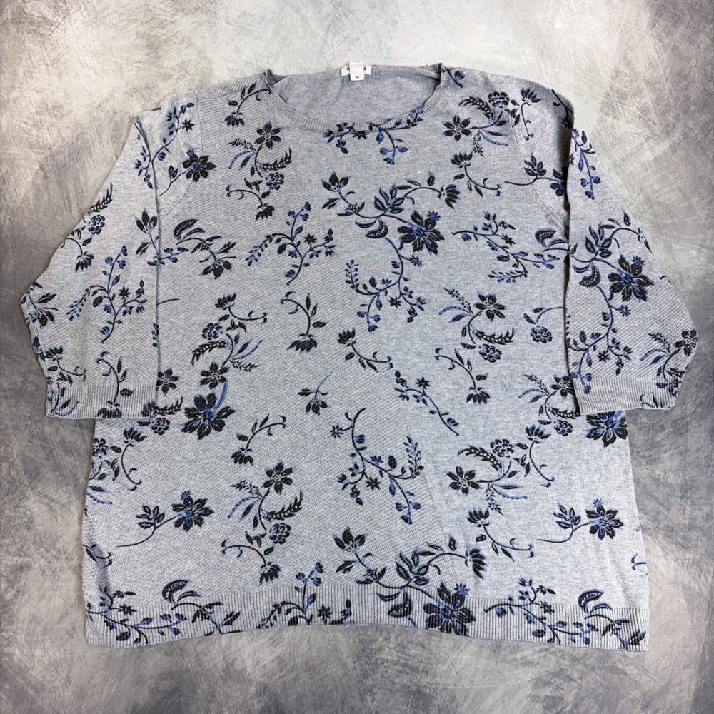 Westport Sweater Womens 2X Gray Floral 3/4 Sleeve Cotton Blend Knit Top